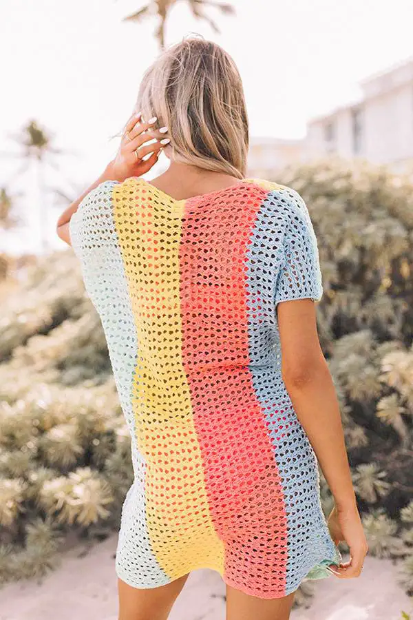 Colorblock Openwork Crochet One Piece Cover Up