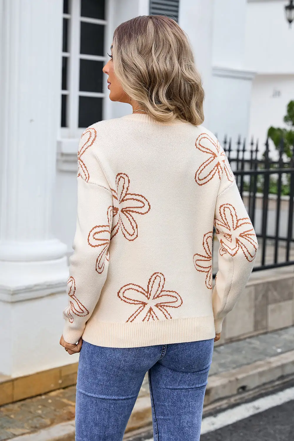 Flower Long Sleeve Round Neck Sweater