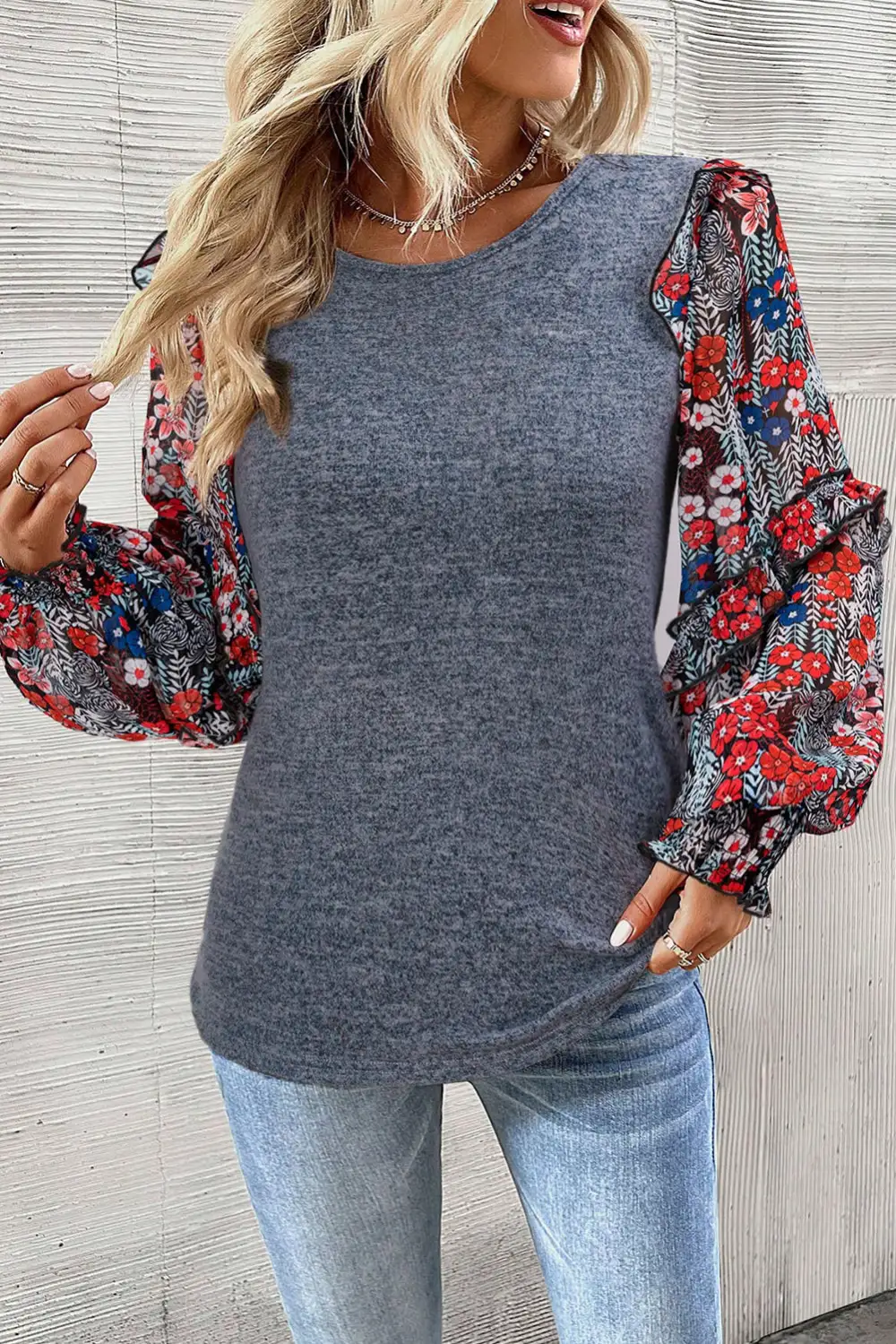 Floral Ruffled Crew Neck Blouse
