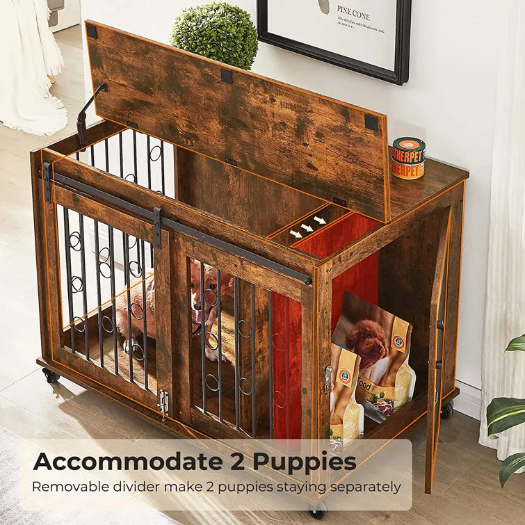 Dog Crate Furniture With Divider For 2 Small To Medium Pets, Wooden Cage End Table, Heavy Duty Indoor Puppy Kennel With Removable Divider And Sliding Door, 39.37'w*25.2'd*28.94'h