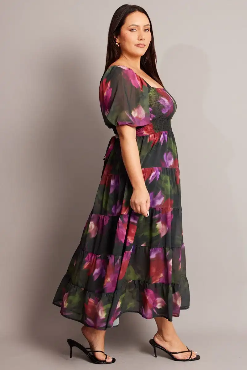 Black Floral Midi Dress Short Sleeve Tiered