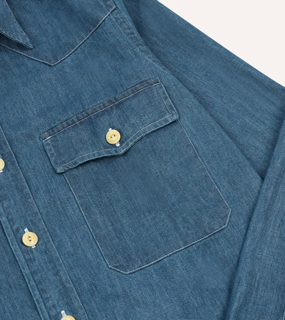 Stone Wash Denim Two-Pocket Western Shirt Casual Style
