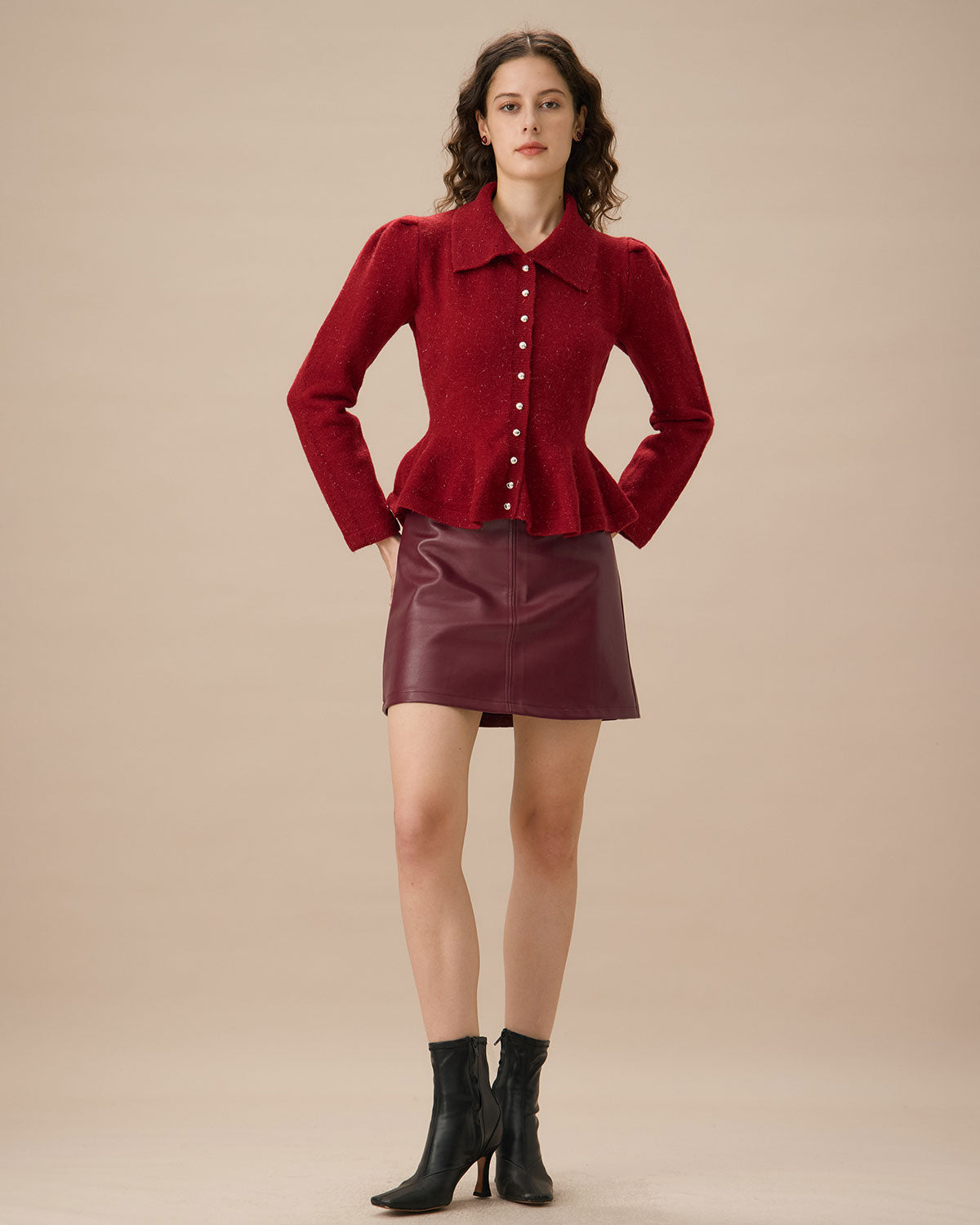 Red Collared Single-breasted Ruffle Cardigan