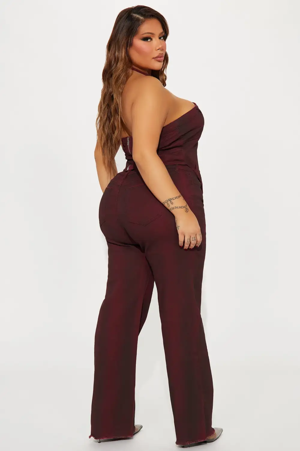 Next Level Washed Denim Pant Set - Wine
