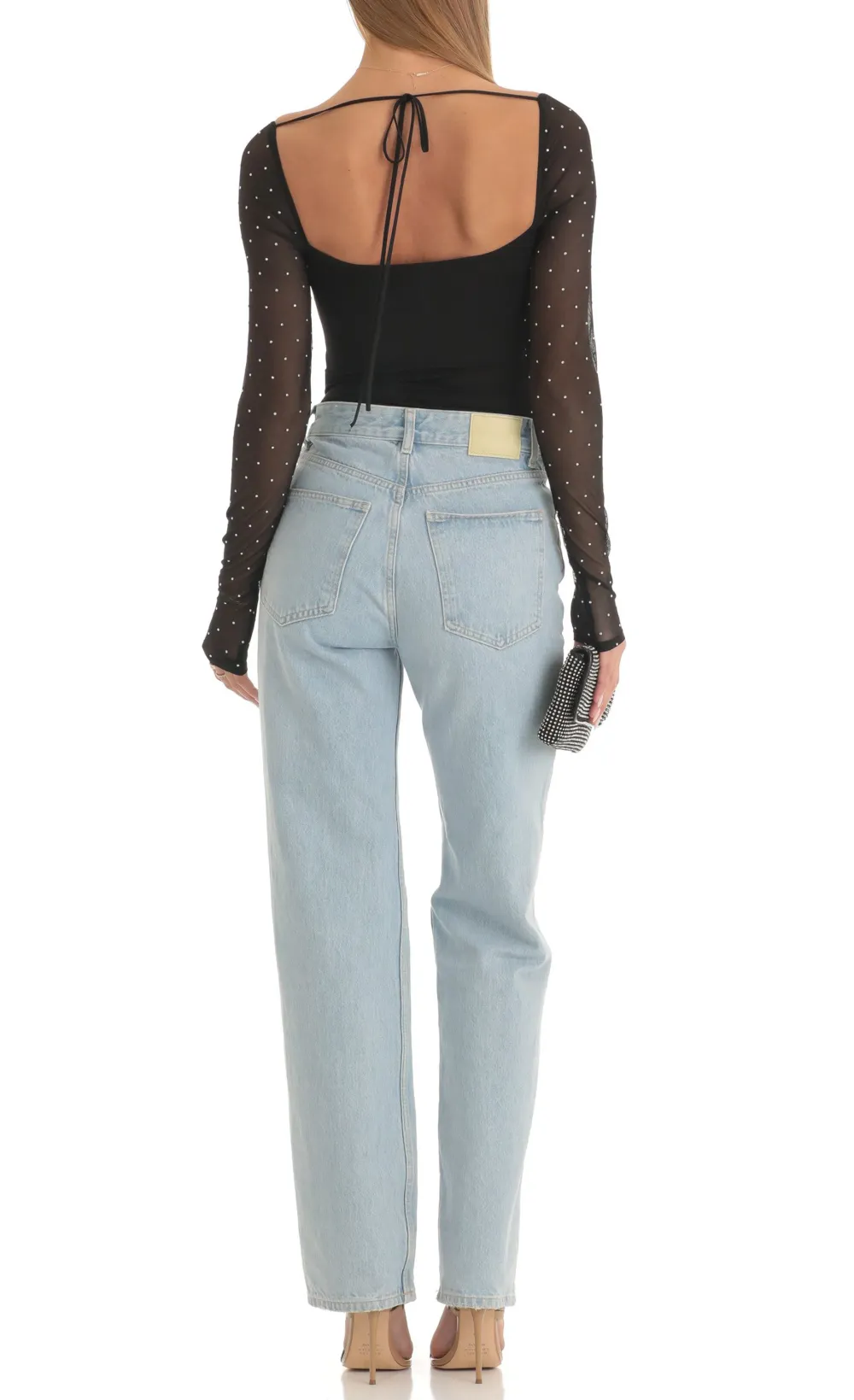 Diamond Glitter Square Neck Bodysuit in Black