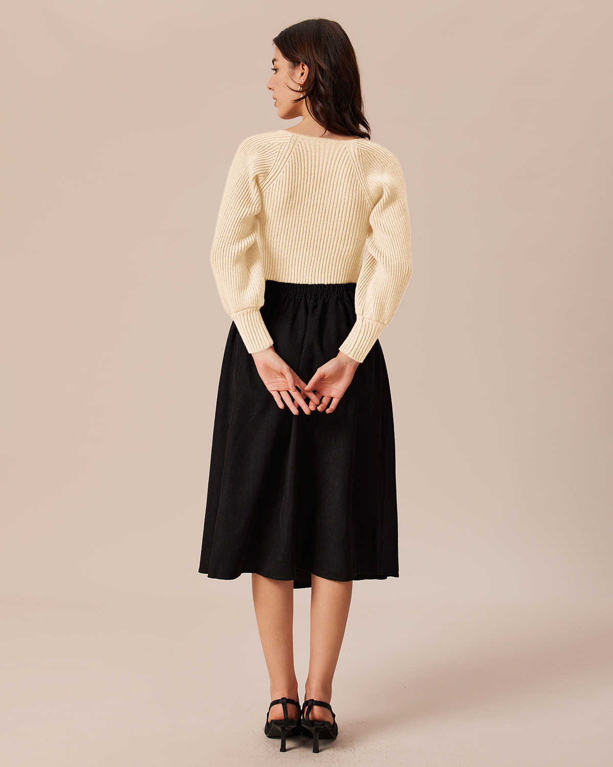 The Beige Scoop Neck Lantern Sleeve Sweater