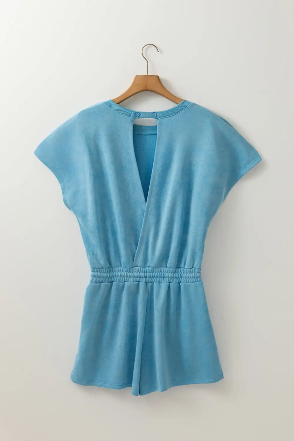 Relaxed Mineral Wash Drawstring Elastic Waistband Hollow Out Back Short Sleeve Romper