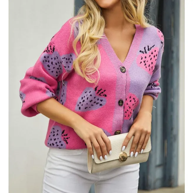 Printed V Neck Button Down Long Sleeve Cardigan