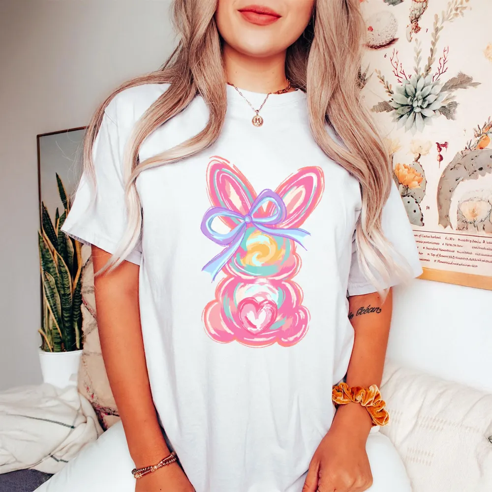 Colorful Bunny Printed Round Neck Short Sleeve T-Shirt