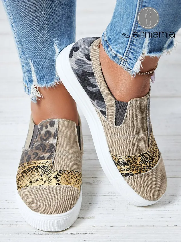 Vintage All Season Snakeskin Split Joint Sports & Outdoor Flat Heel Round Toe Fabric EVA Sneakers for Women