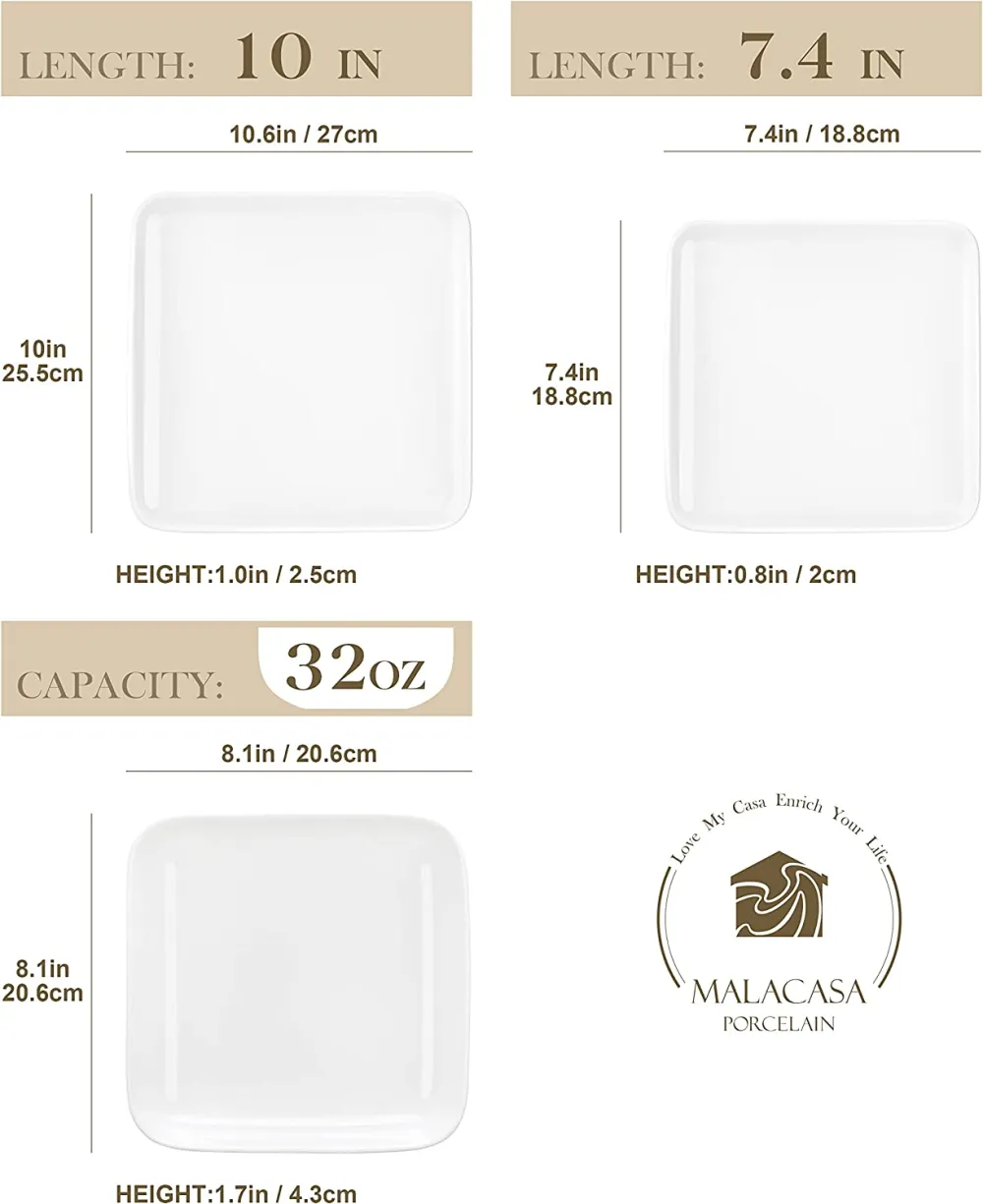 MALACASA Dishes Set for 12, Marble Grey Square Dinnerware Sets, 48 Piece Porcelain Plates and Bowls Sets with Dinner Plates, Dessert Plates, Soup Plates and Cereal Bowls, Series IVY