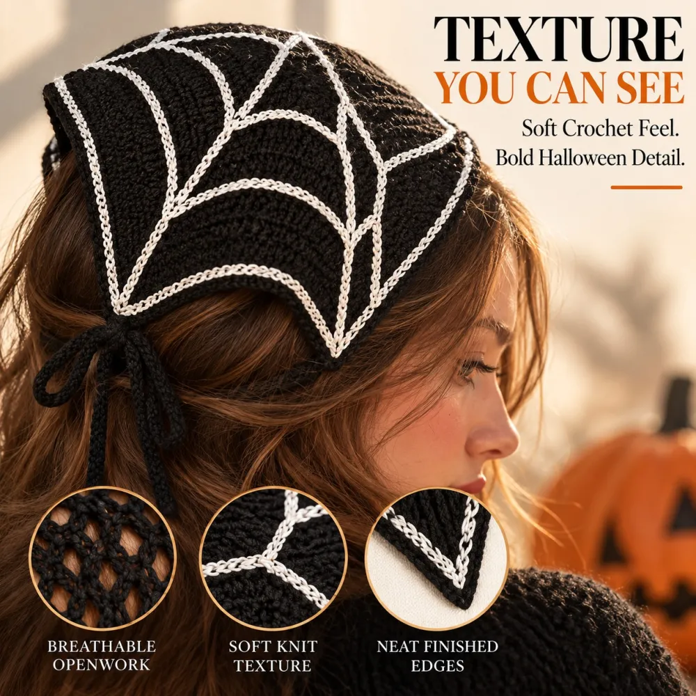 Women's Halloween Polyester Triangle Bandana - Crochet Boho Bandana with Ghost/Bat/Web Pattern, Triangle Shape