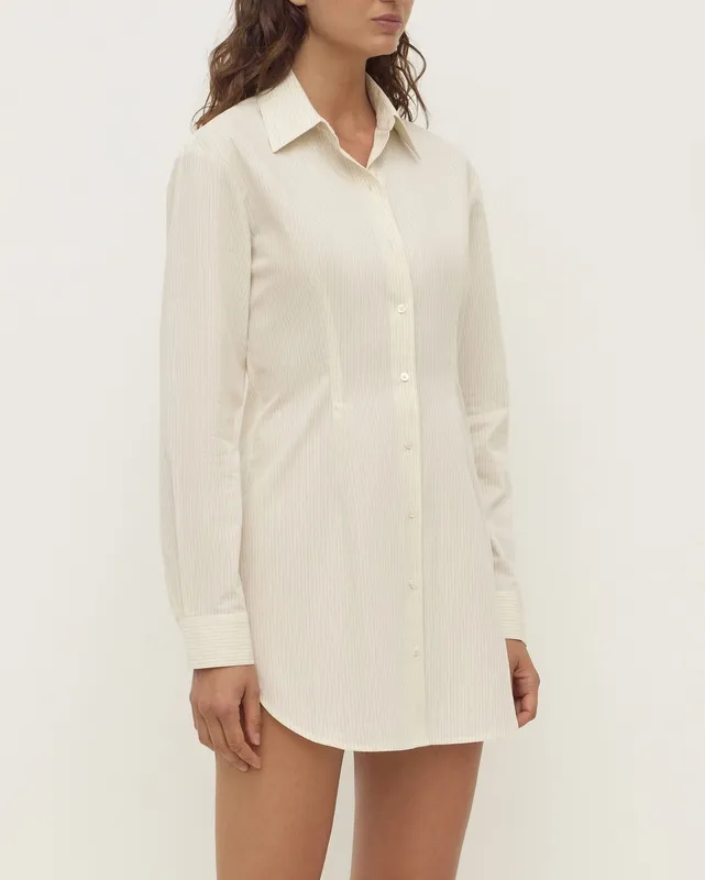 White & Grey Striped Fitted Mini Shirt Dress