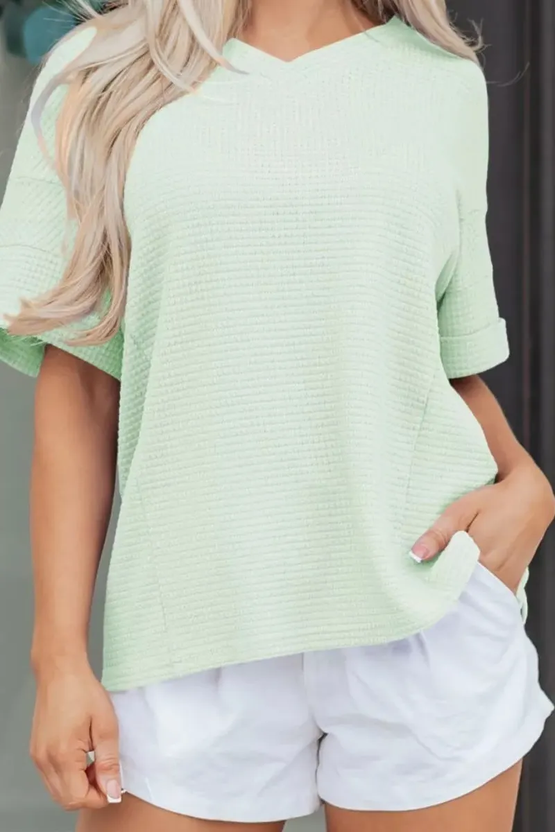 V Neck Short Sleeve Plus Waffle Knit