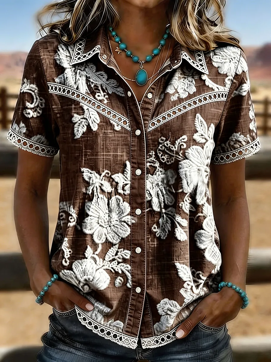 Women's Vintage Floral Embossed Lace Trim Western Short Sleeve Shirt