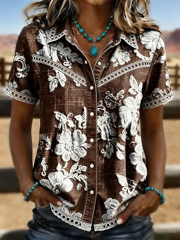 Women's Vintage Floral Embossed Lace Trim Western Short Sleeve Shirt