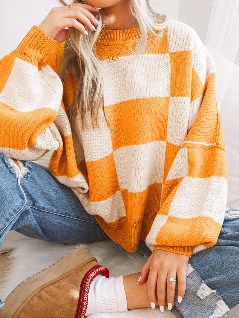 Orange Checkered Bishop Sleeve Sweater