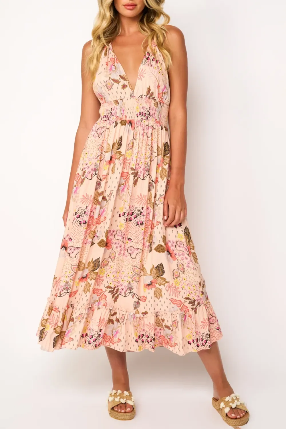 Light Pink Floral Print Midi Dress