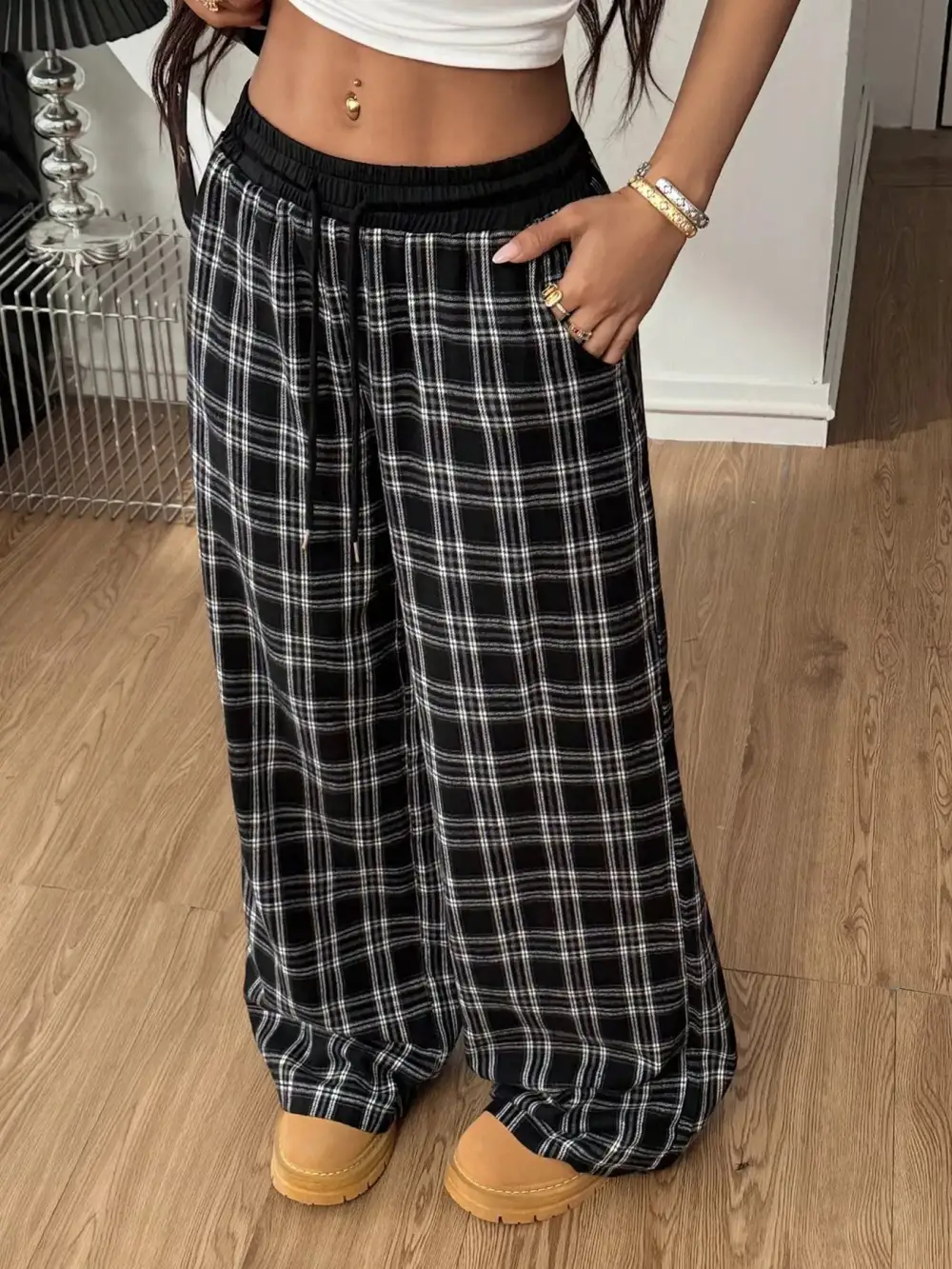 Plaid Wide Leg Pants With Elastic Waistband
