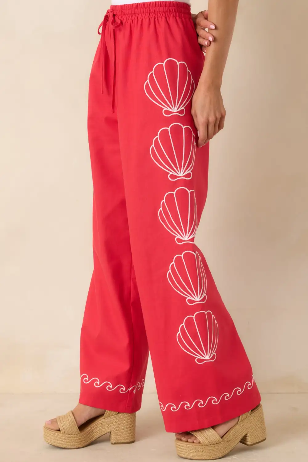 Shell Embroidered Cotton Blend Wide Leg Pants