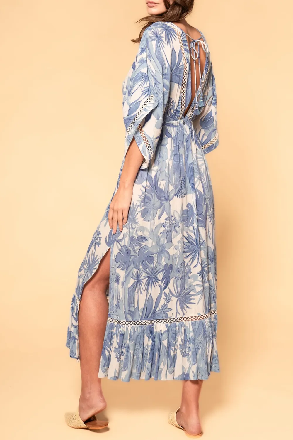 Blue And White Tropical Print V Neck Maxi Dress