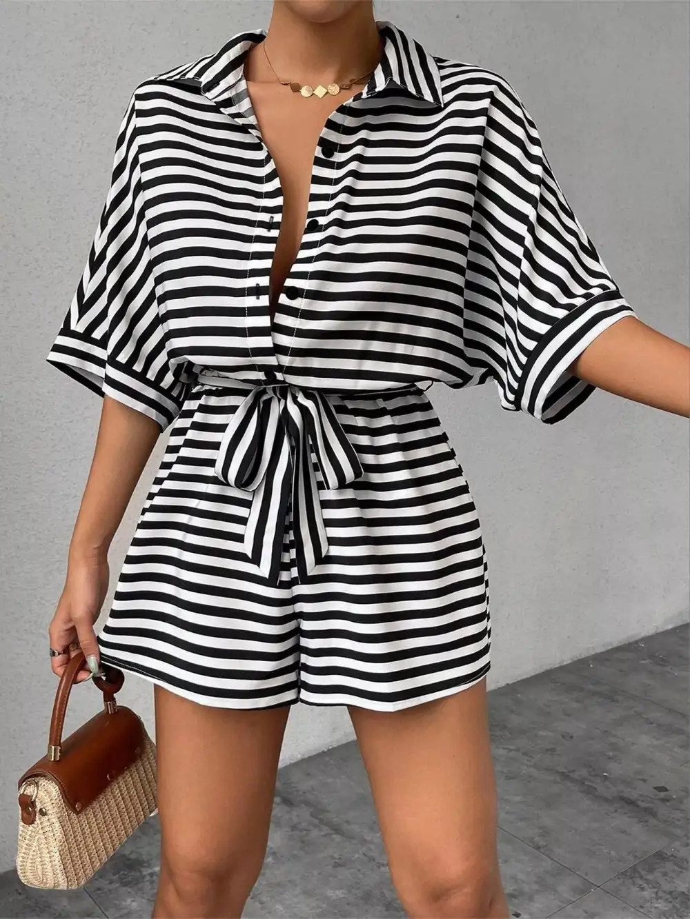 Striped Button Front Romper