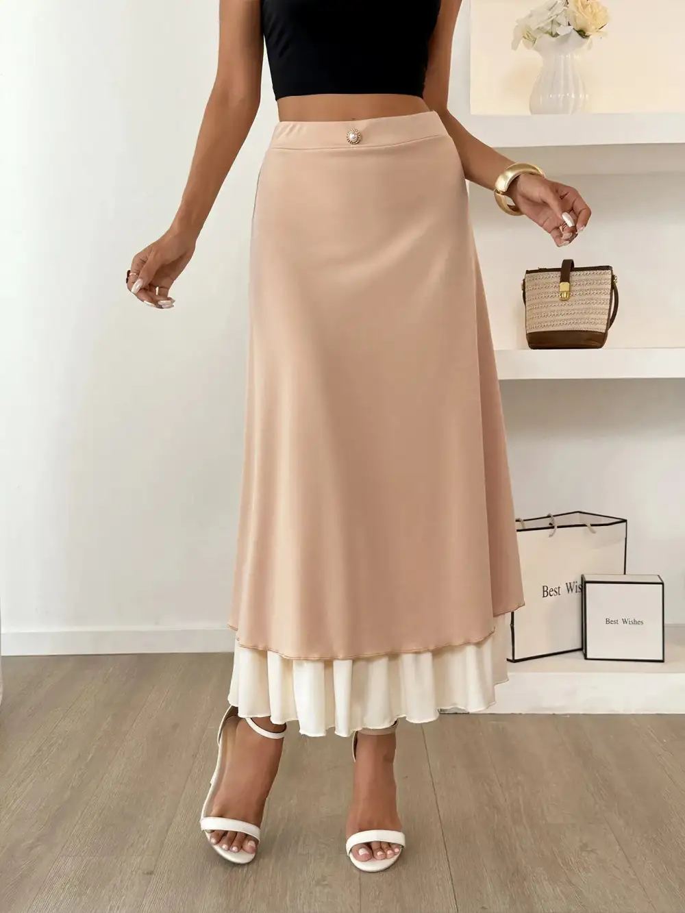 Layered Contrast Midi Skirt