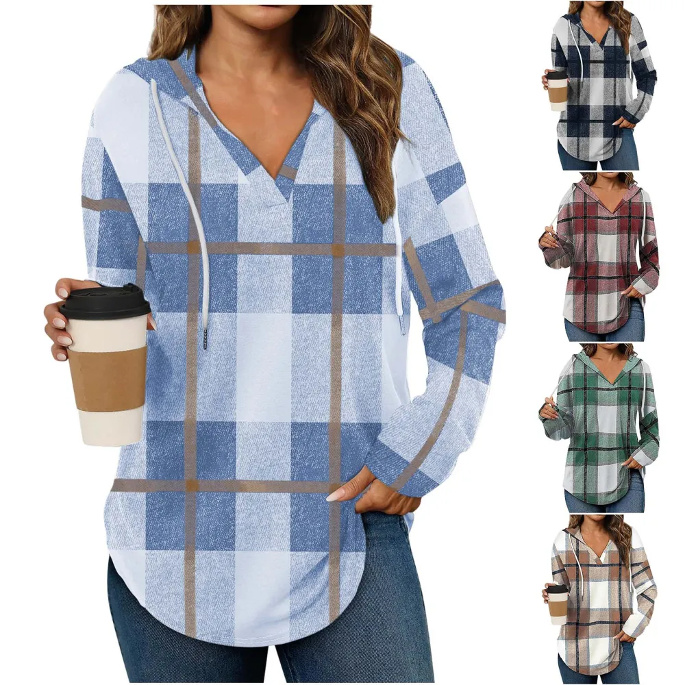 V-Neck Adjustable Drawstring Casual Plaid Long Sleeve
