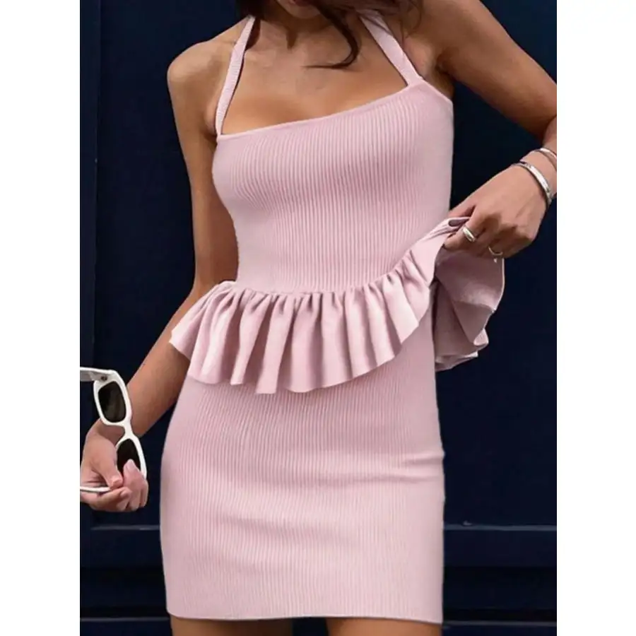 Ribbed Halter Neck Peplum Mini Dress