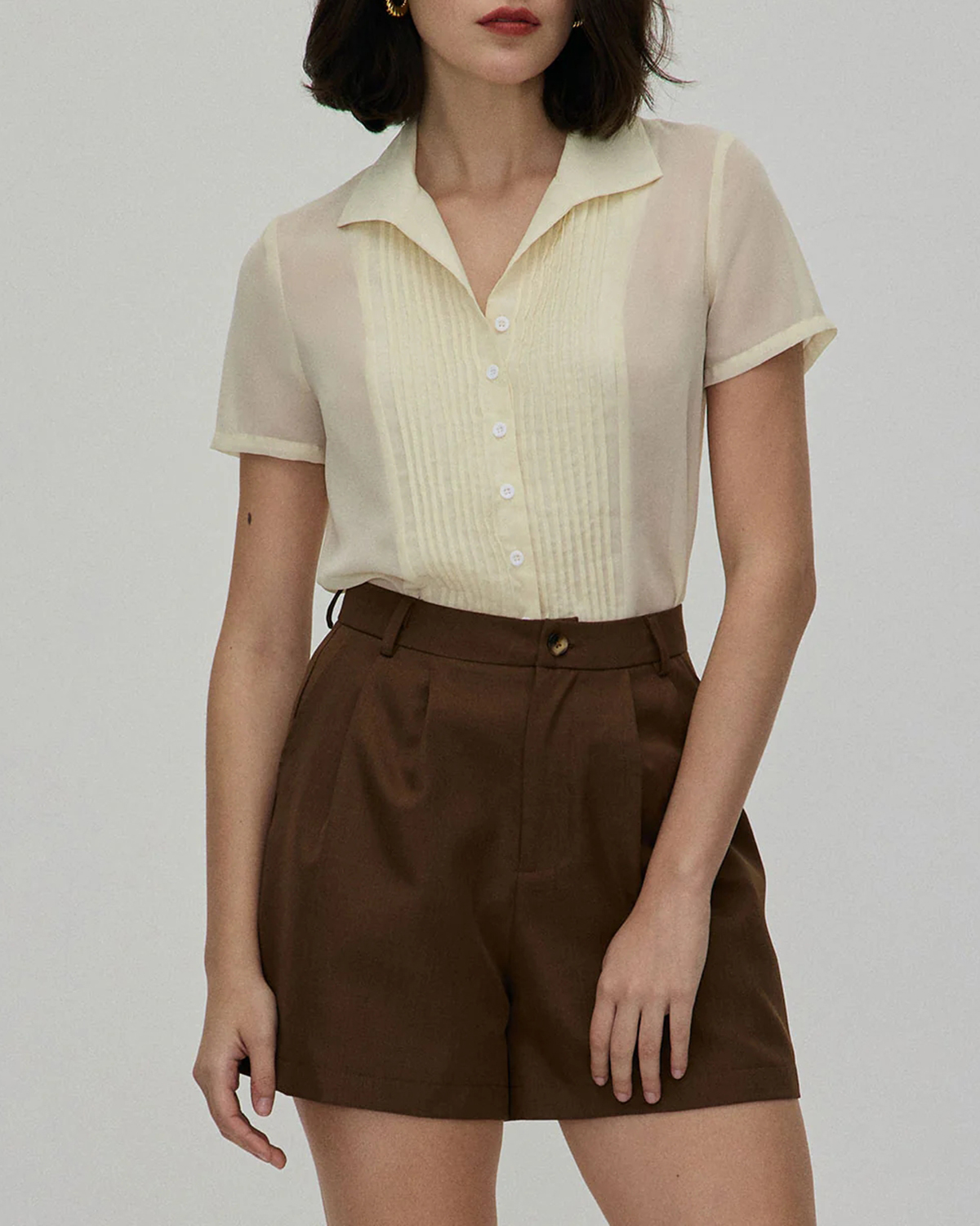 The Beige V Neck Pleated Chiffon Blouse