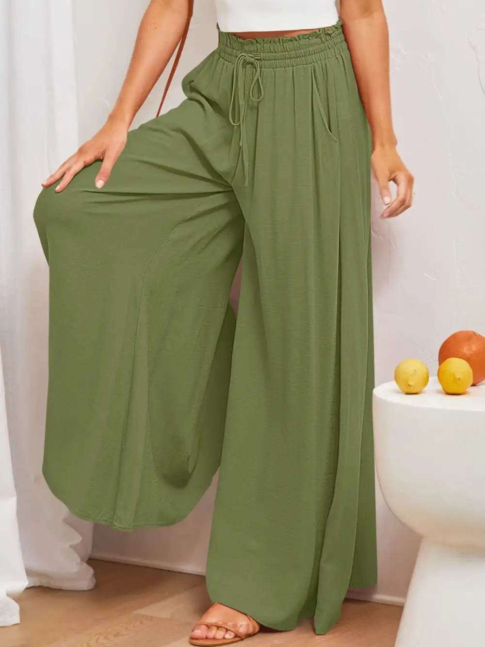 Textured Wide Leg Pants With Pocket