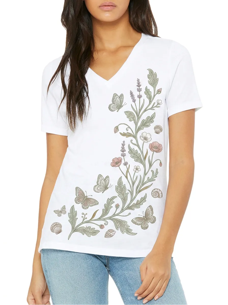 Women's Nature Lover Butterfly Floral Seashell Printed V-neck T-shirt