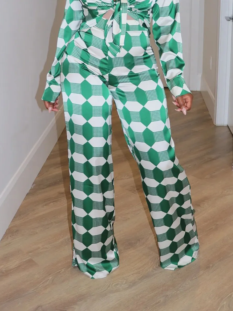 Green Geometric Pattern Satin Shirt Wide Leg Pants Set