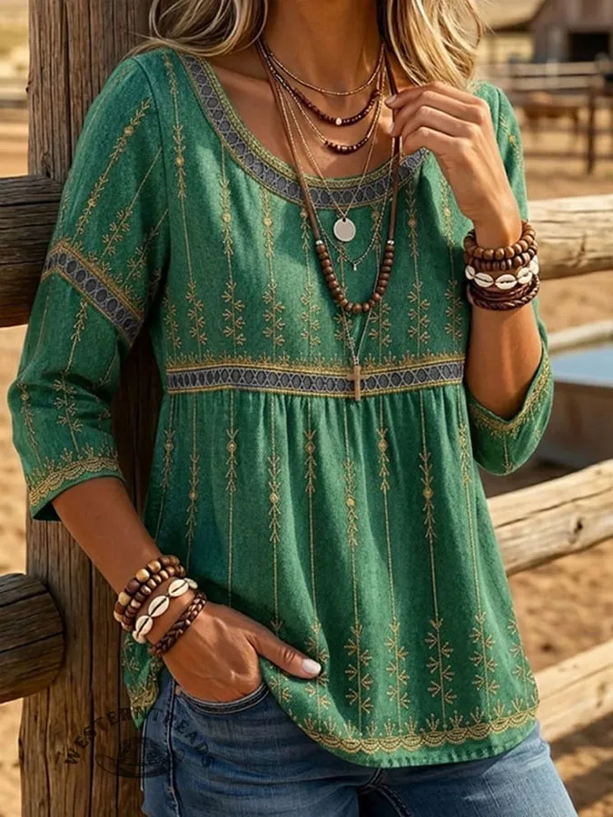 Women'S Western Retro Printed Casual T-Shirt