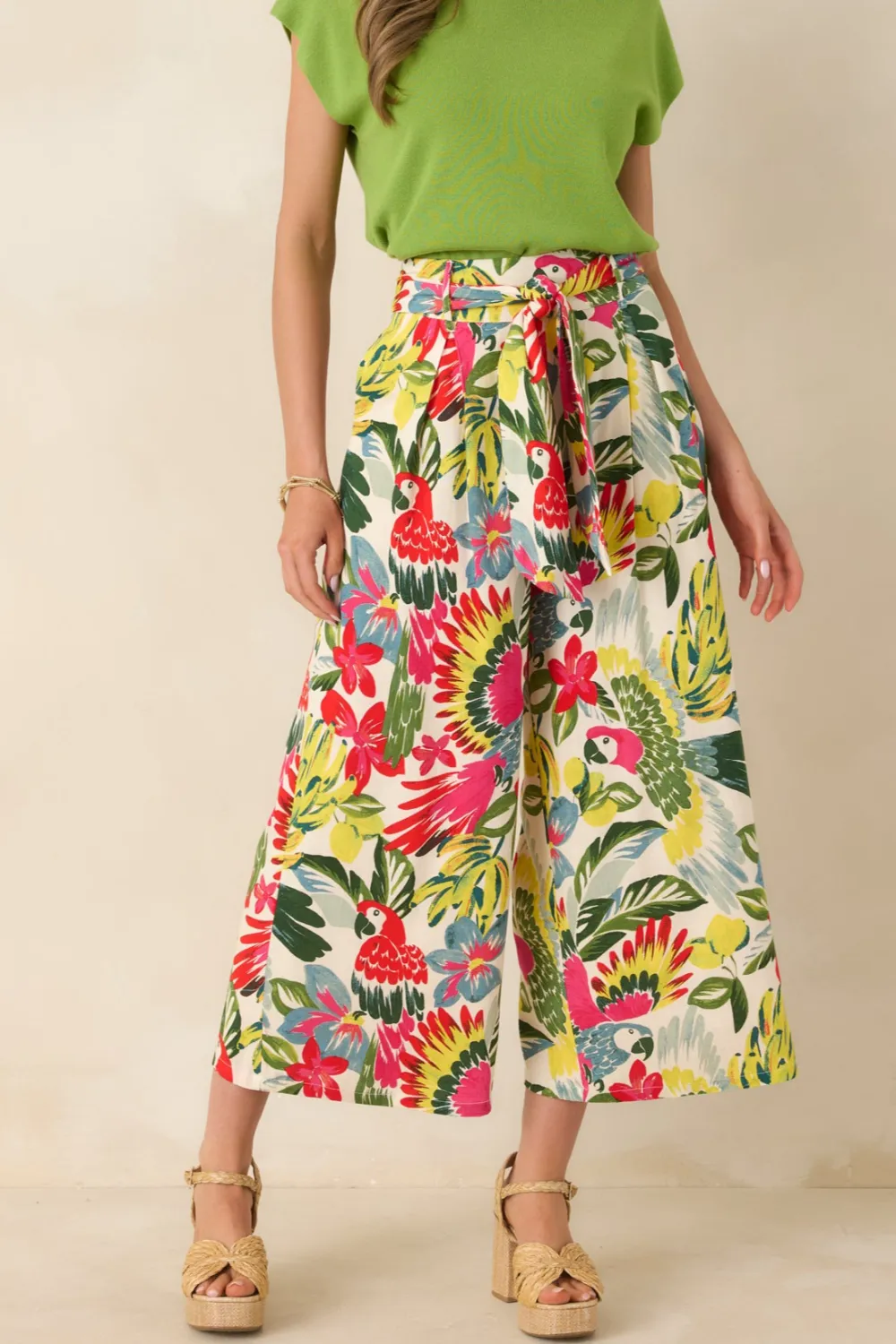 Multicolor Parrot Print Belted Crop Pants