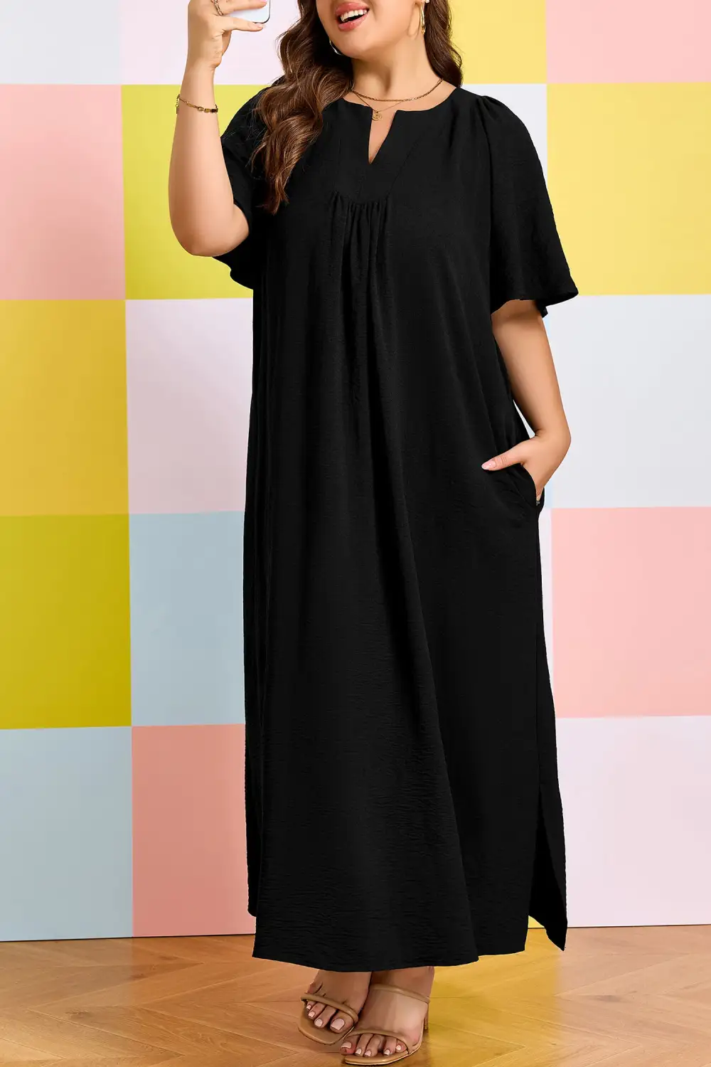 Split Neck Short Sleeve Dress Casual