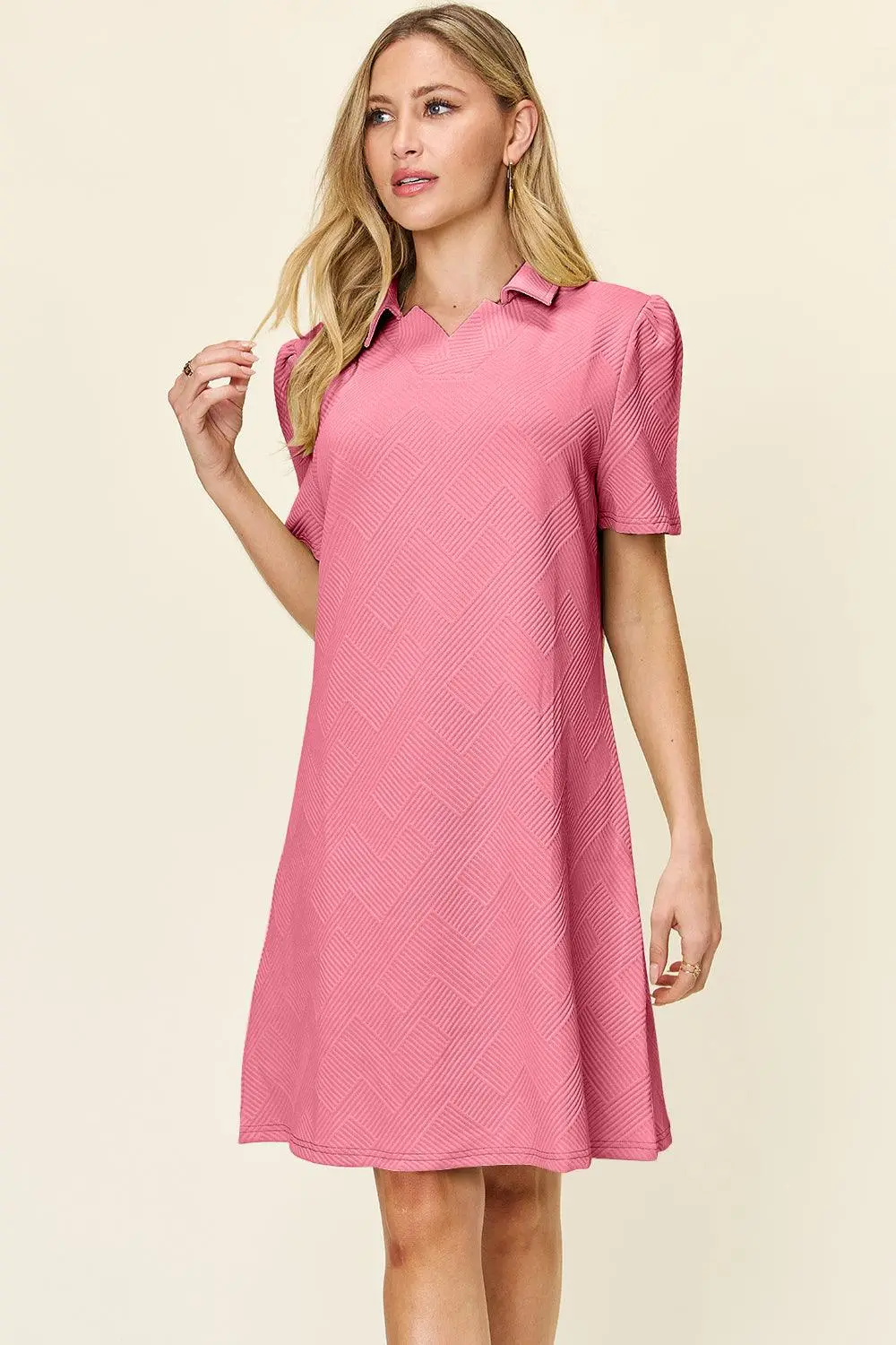 Double Take Full Size Texture Collared Neck Short Sleeve Dress