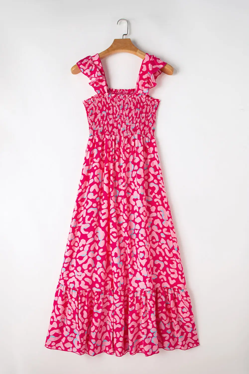 Pink Leopard Ruffle Straps Smocked High Waist Maxi Dress