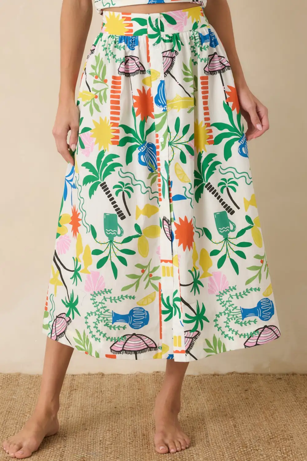 Multi Cotton Coastal Resort Print Midi Skirt