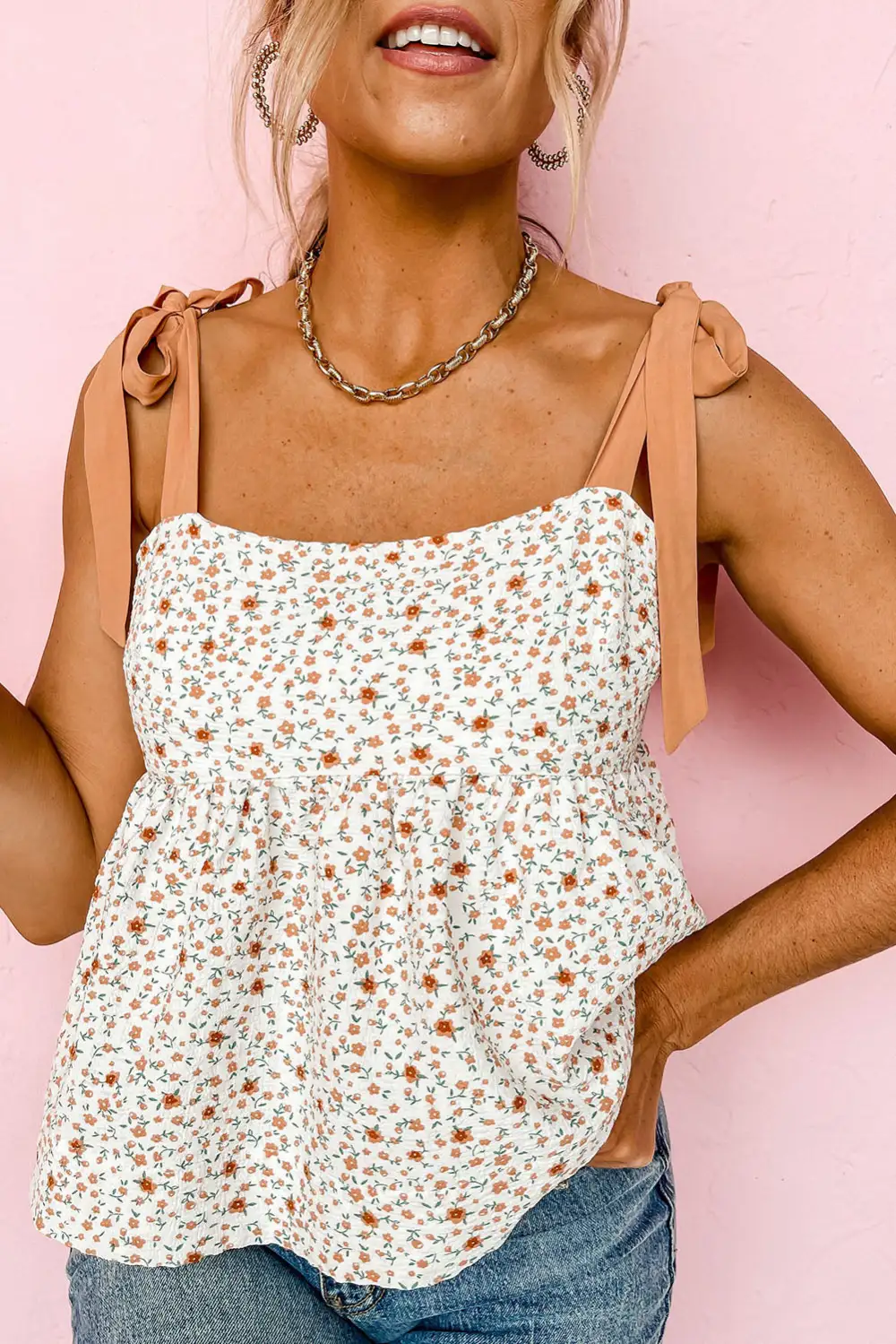 Tied Shoulder Floral Print Babydoll Tank Top