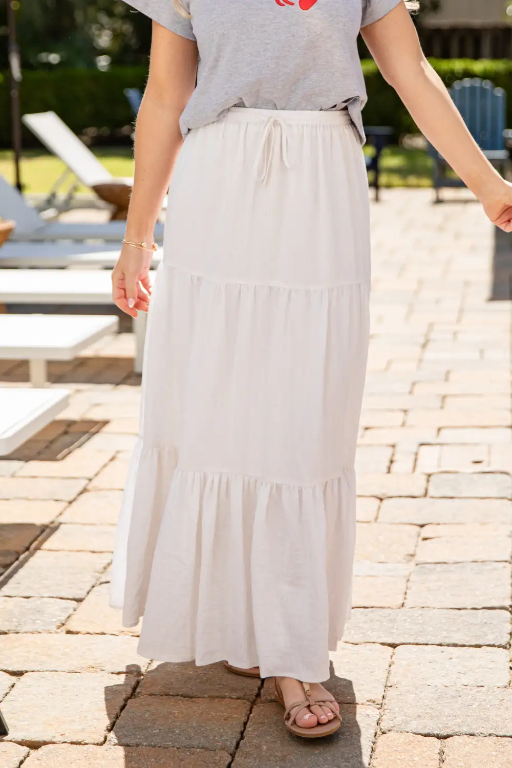 Mid Rise Elastic Waist Tiered Maxi Skirt