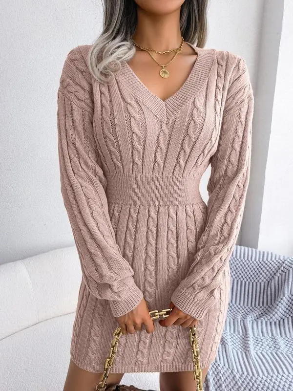 V Neck Cable Knit Sweater Dress