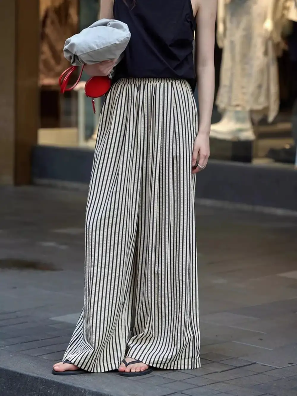 Full Size Striped Drawstring Waist Wide Leg Pants