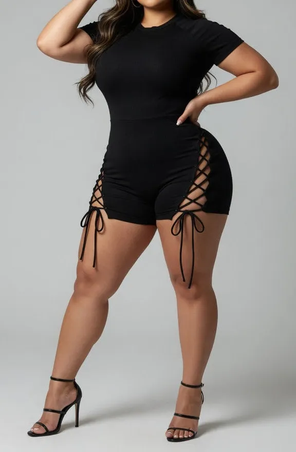 Short Sleeve Lace Ribbed Lace Up Romper