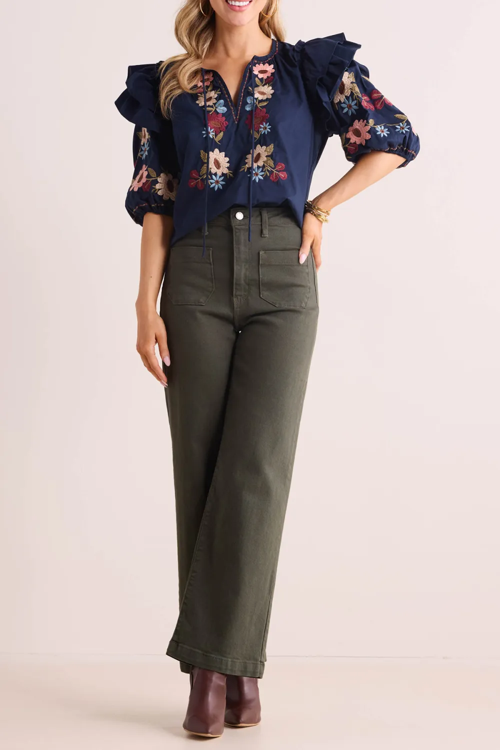 Navy Floral Embroidered Ruffled Sleeve Tie-Front Top