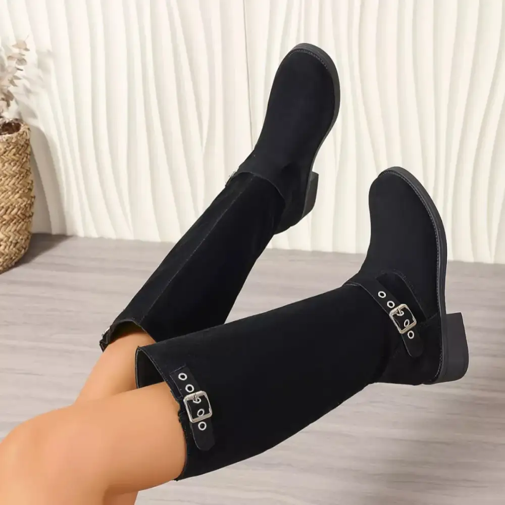 Textured Round Toe Block Heel Boots