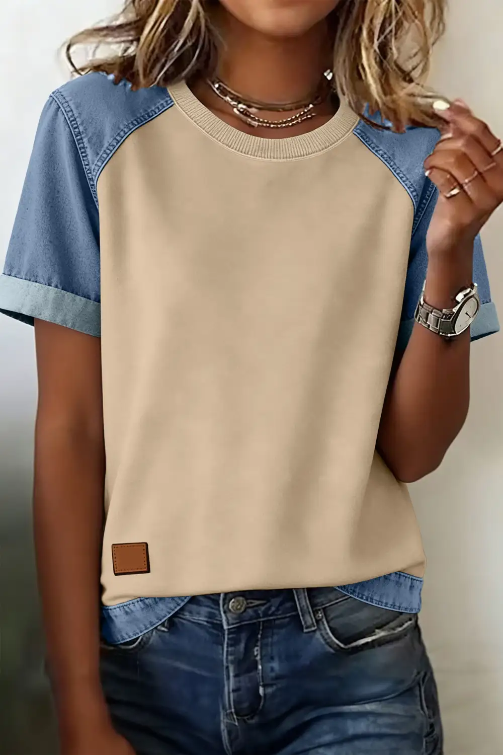 Denim Contrast Blocked Patchwork Round Neck Tee
