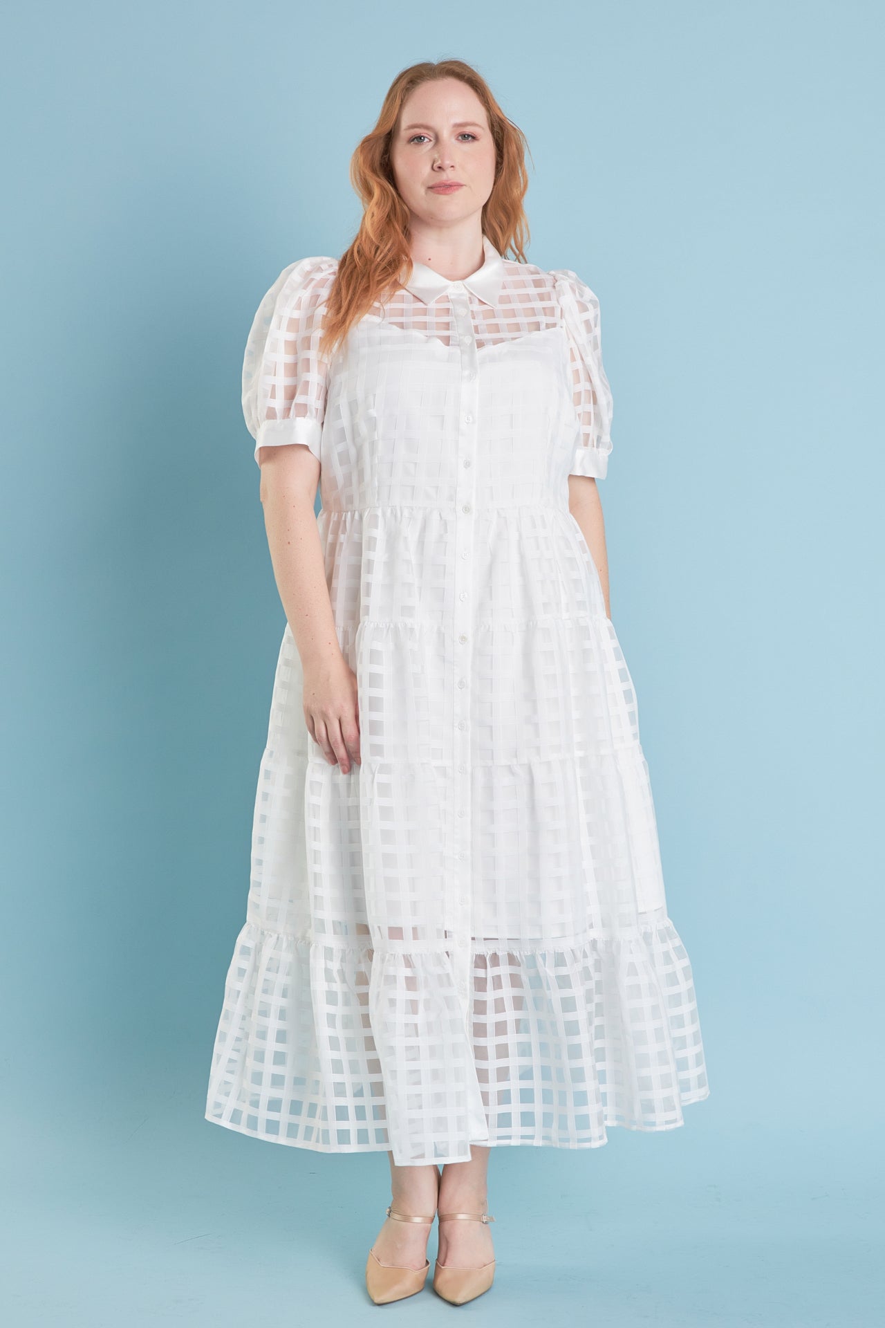 Gridded Organza Tiered Maxi Dress