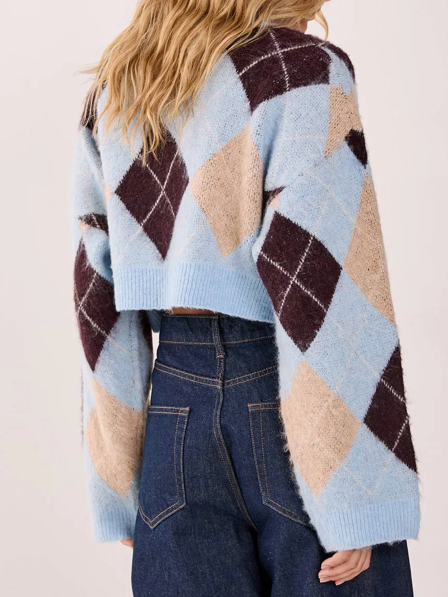 Blue Beige Argyle Print Cropped Knit Sweater