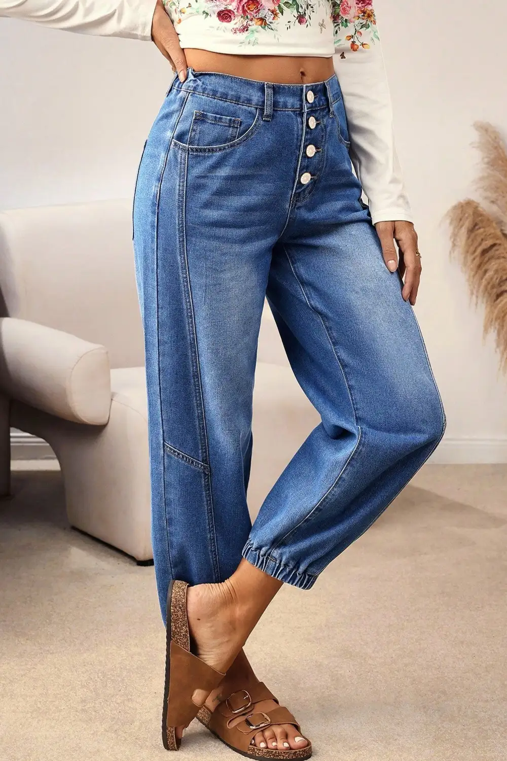 Buttons Front Tapered Casual Loose Fit Jeans